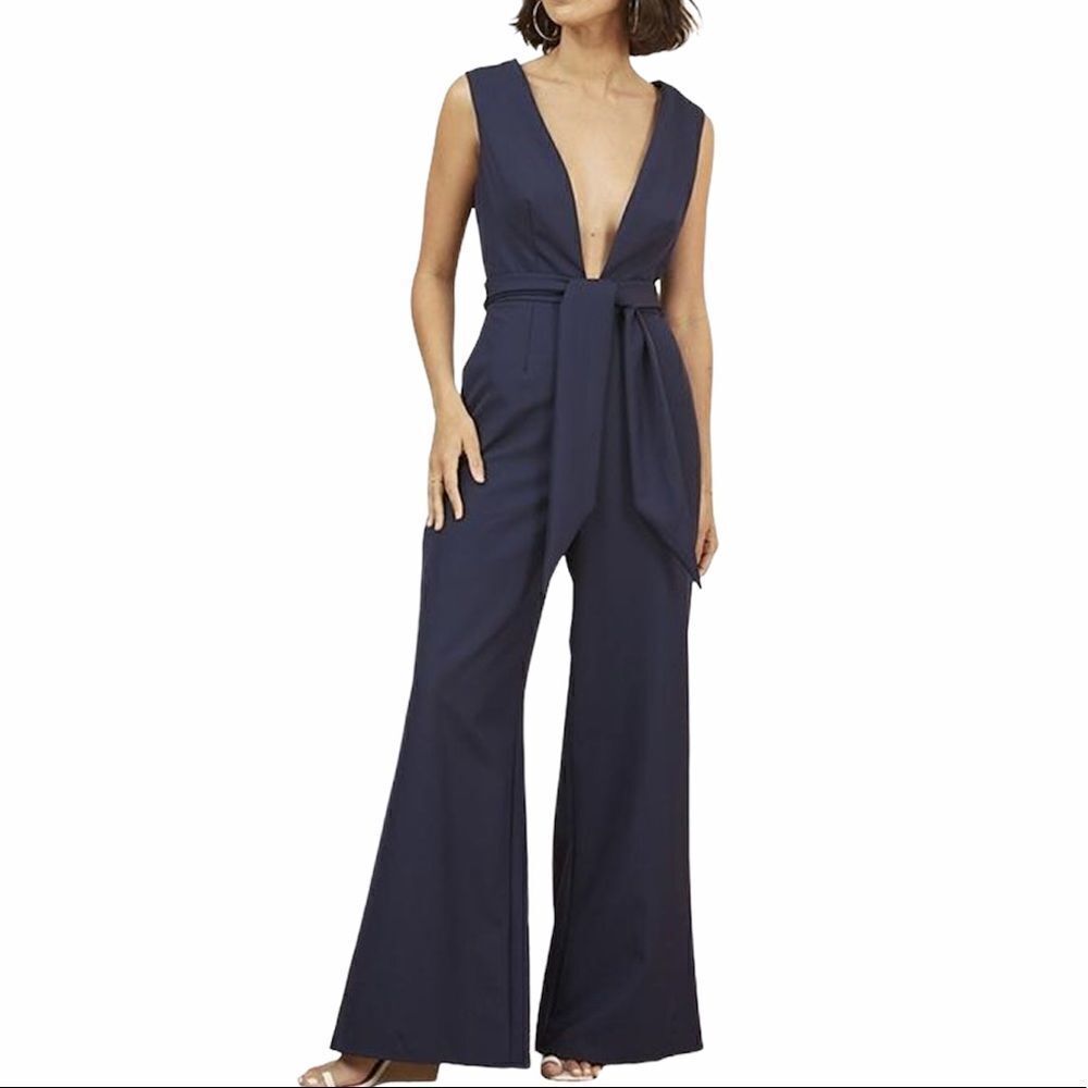 Finders Keepers Blue Essie Sleeveless Belted Wide Leg Pantsuit New Size Large